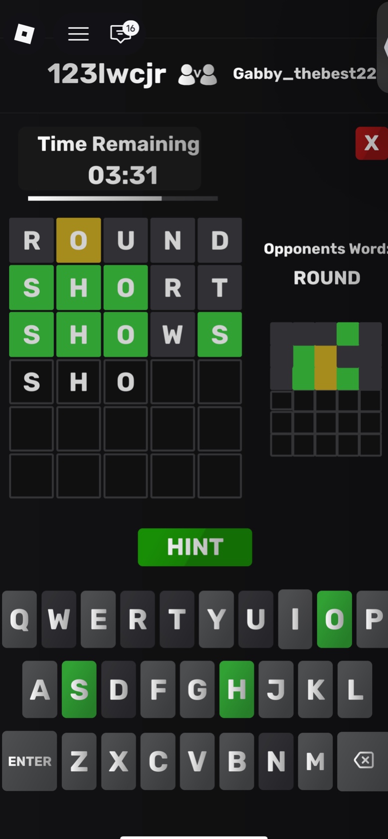 time remaining 03:31 opponents word: round round short shows sho hint