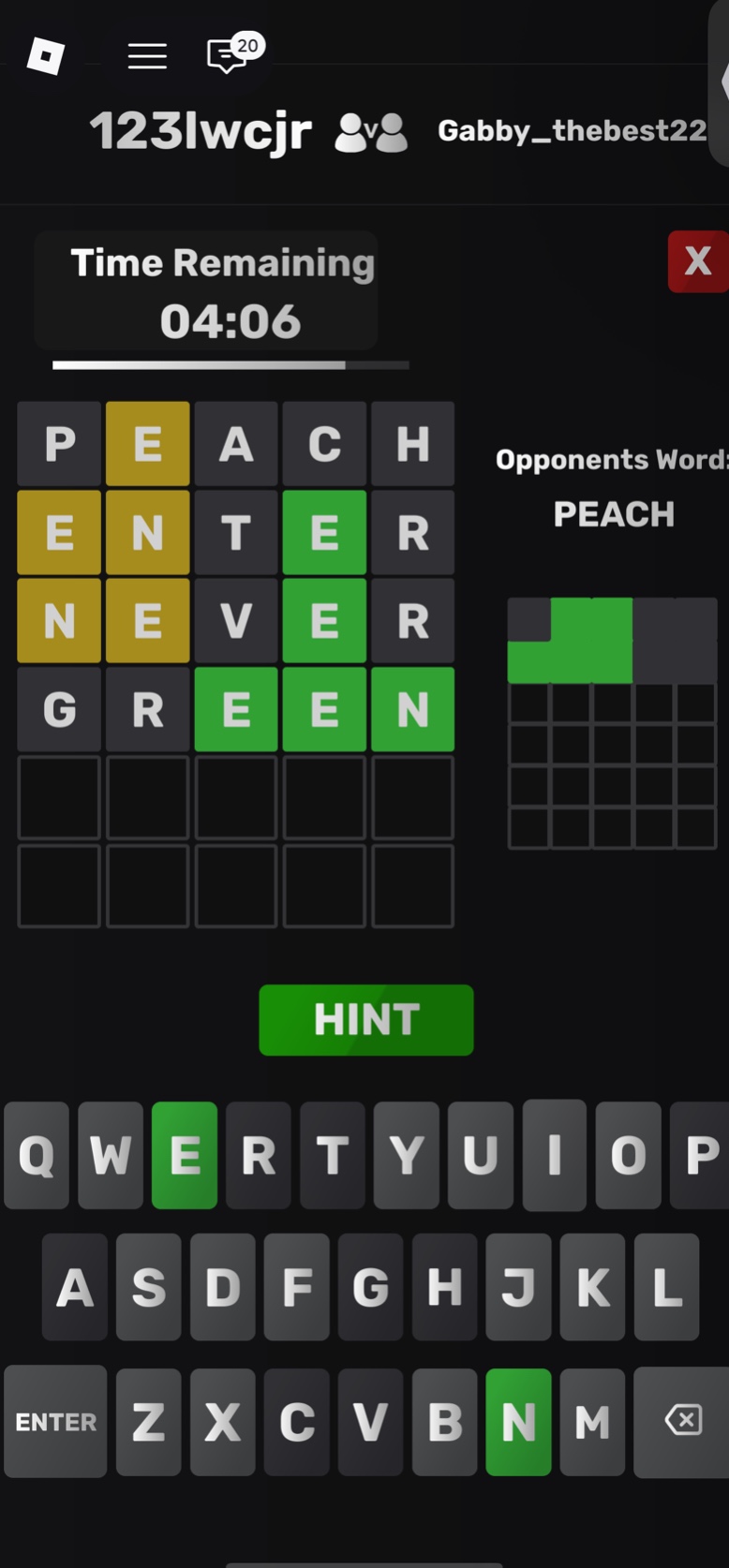 time remaining 04:06 opponents word: peach peach enter never green hint
