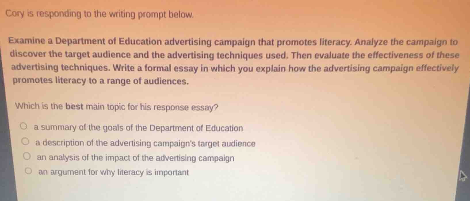 cory is responding to the writing prompt below. examine a department of…