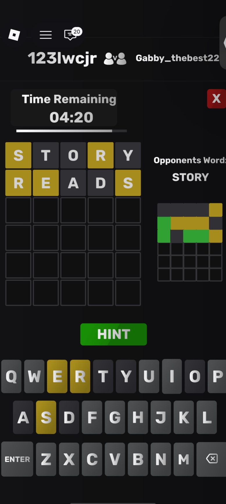 time remaining 04:20 s t o r y r e a d s opponents word: story hint
