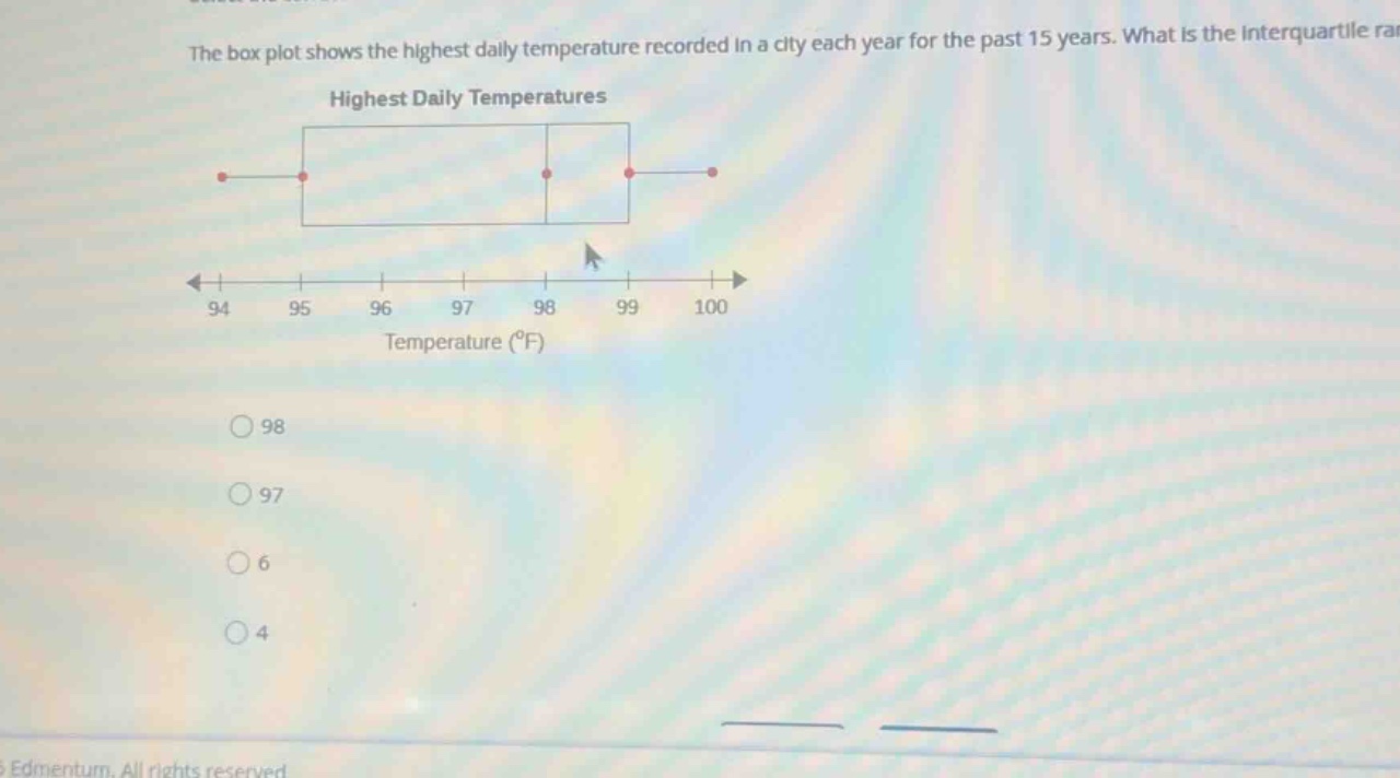 the box plot shows the highest daily temperature recorded in a city eac…