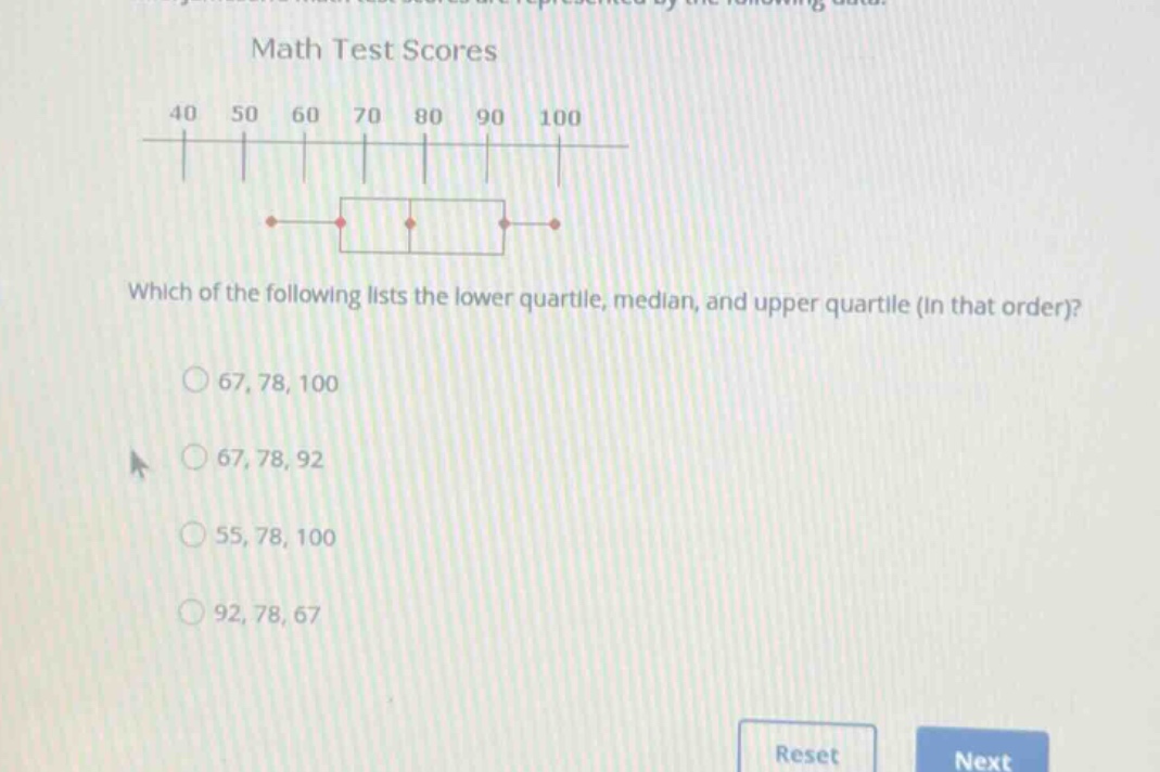 math test scores which of the following lists the lower quartile, media…
