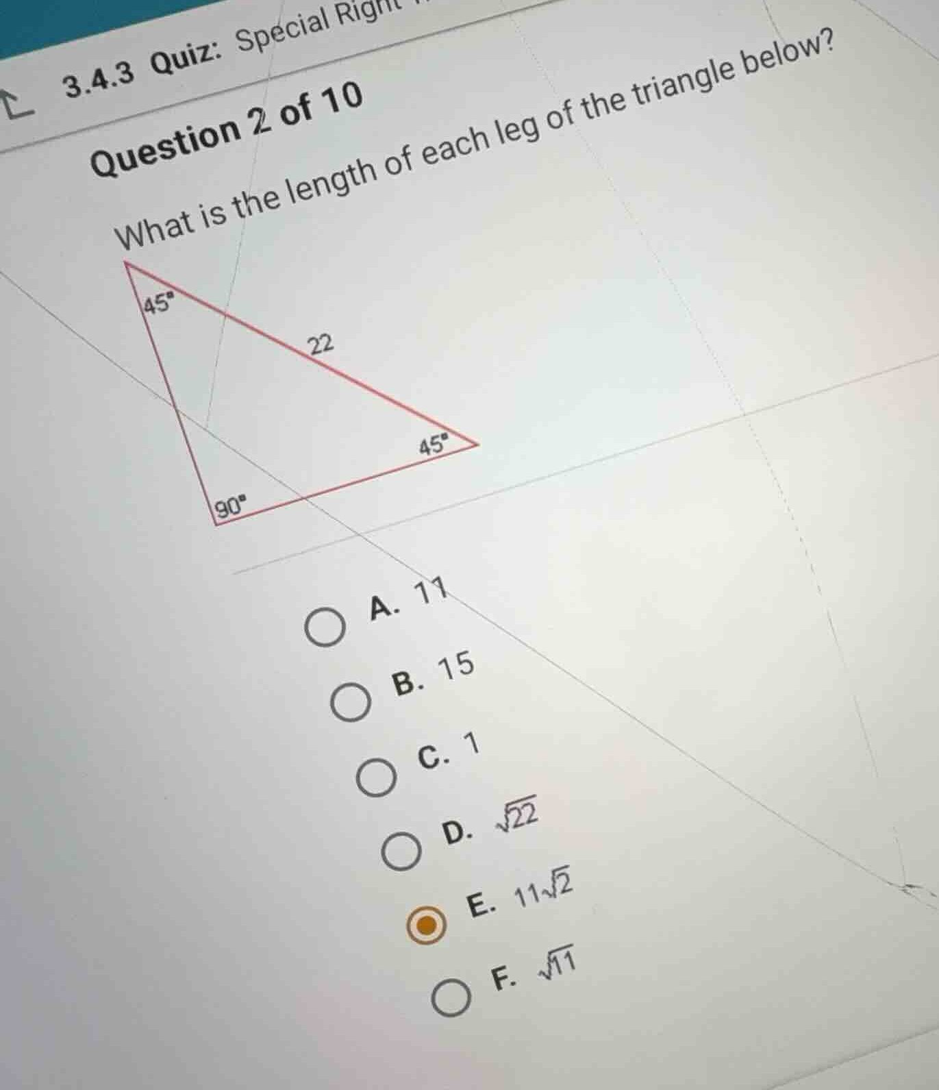 what is the length of each leg of the triangle below? a. 11 b. 15 c. 1 …