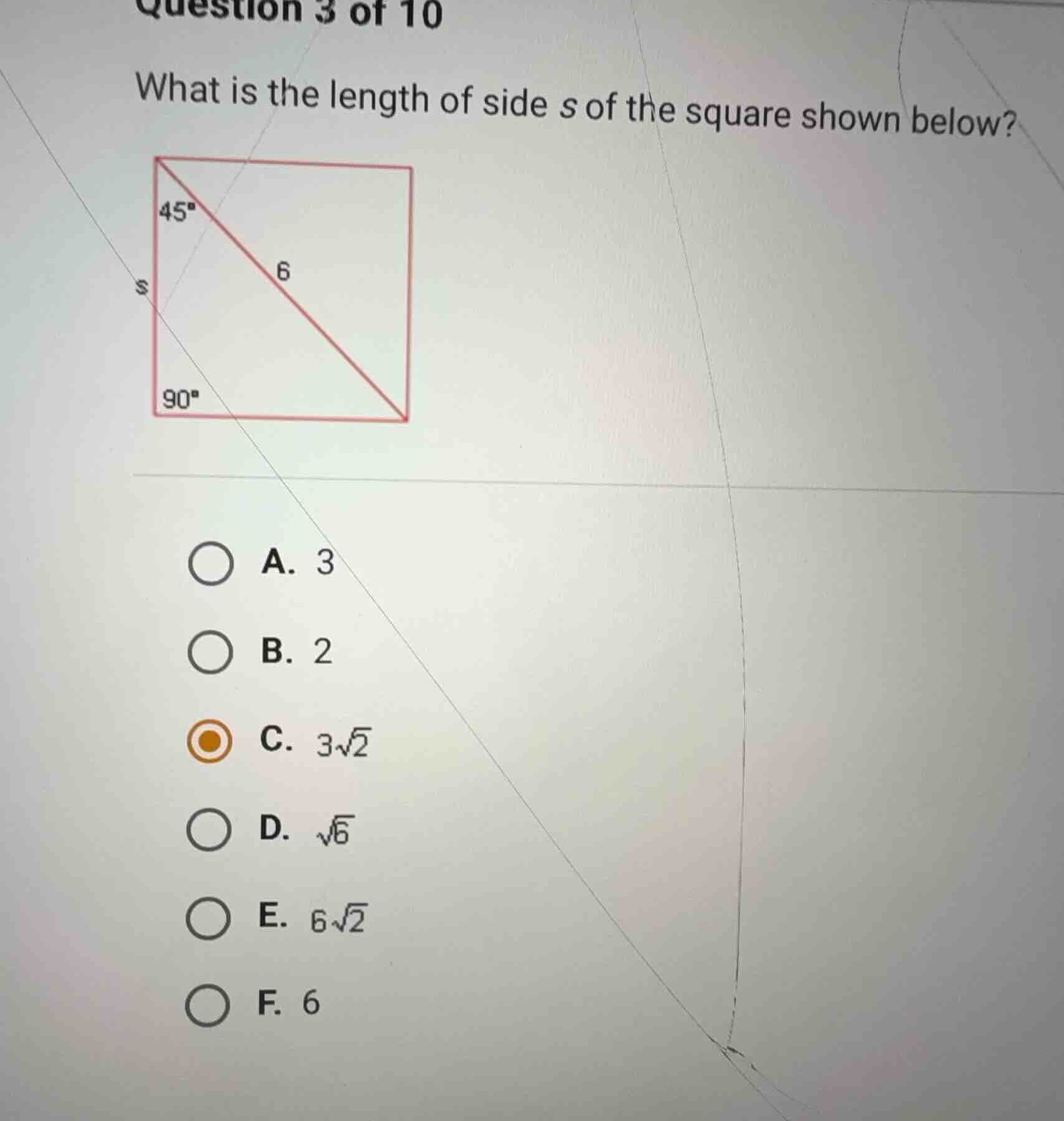 question 3 of 10 what is the length of side \\(s\\) of the square shown…