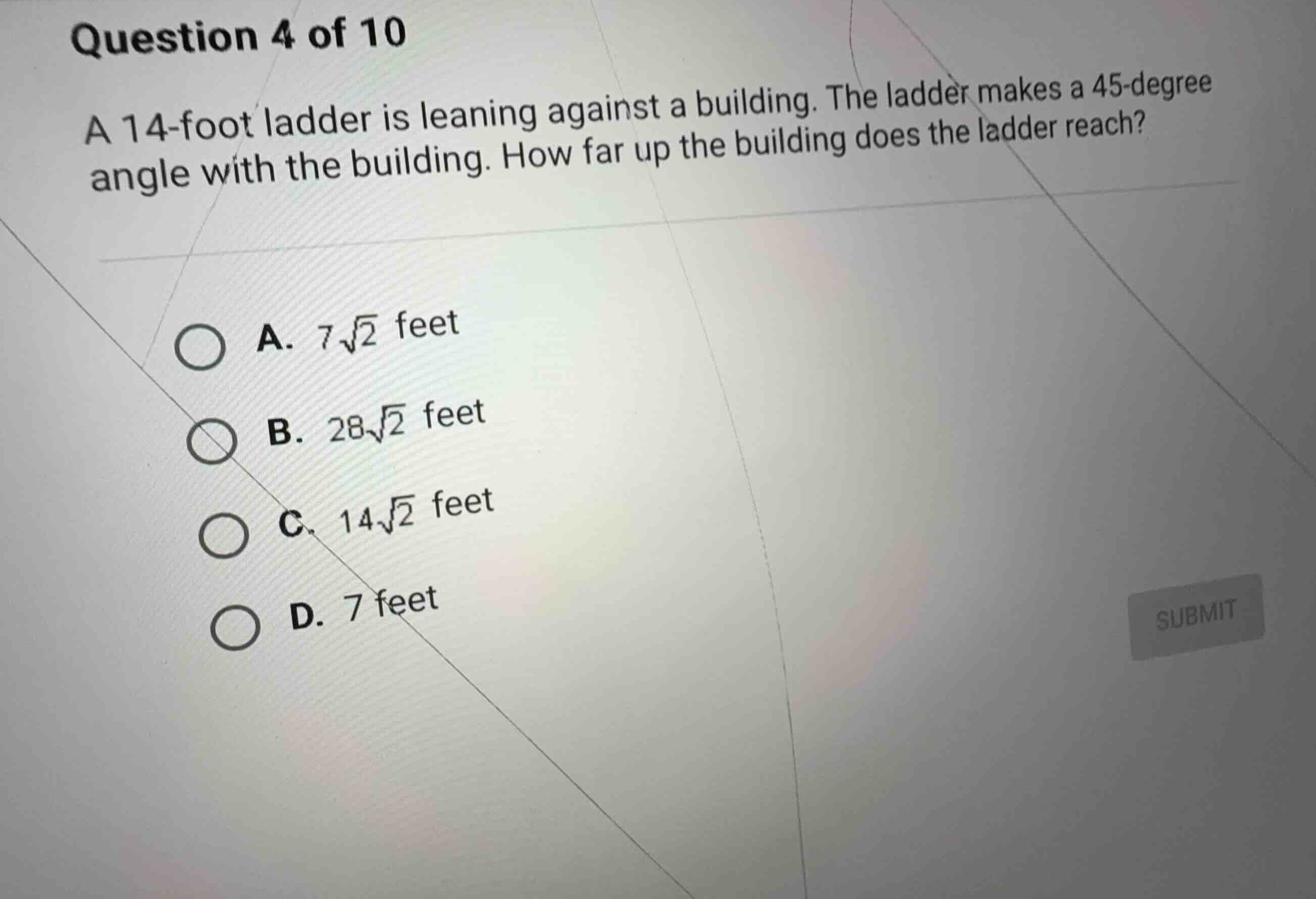 question 4 of 10 a 14-foot ladder is leaning against a building. the la…