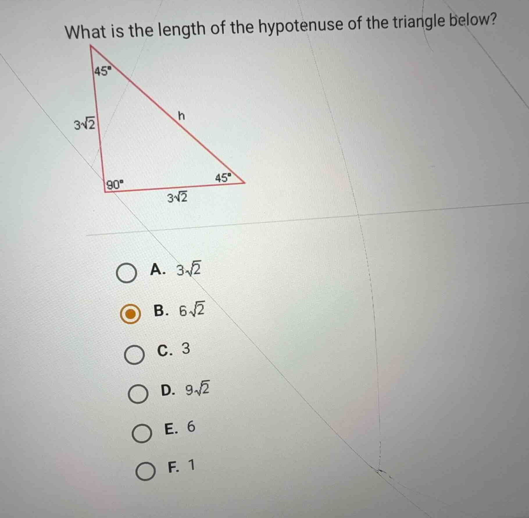 what is the length of the hypotenuse of the triangle below? a. (3sqrt{2…