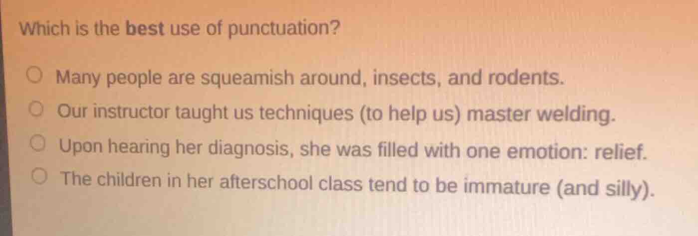 which is the best use of punctuation? many people are squeamish around,…