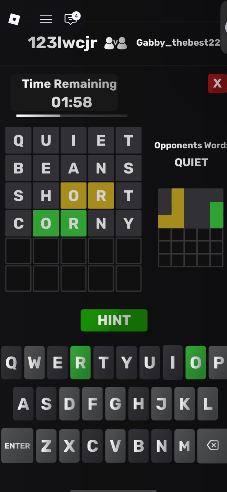 time remaining 01:58 q u i e t b e a n s s h o r t c o r n y opponents …