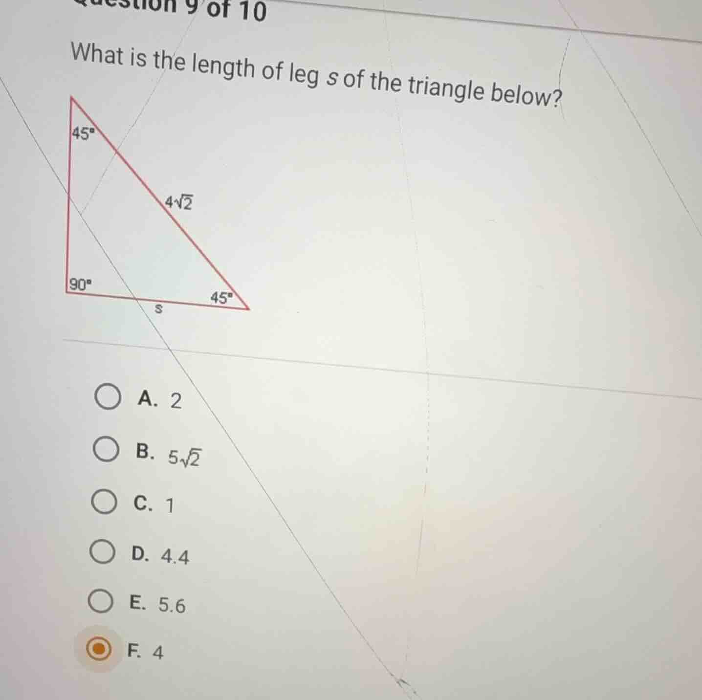 what is the length of leg \\(s\\) of the triangle below? a. 2 b. \\(5\\…