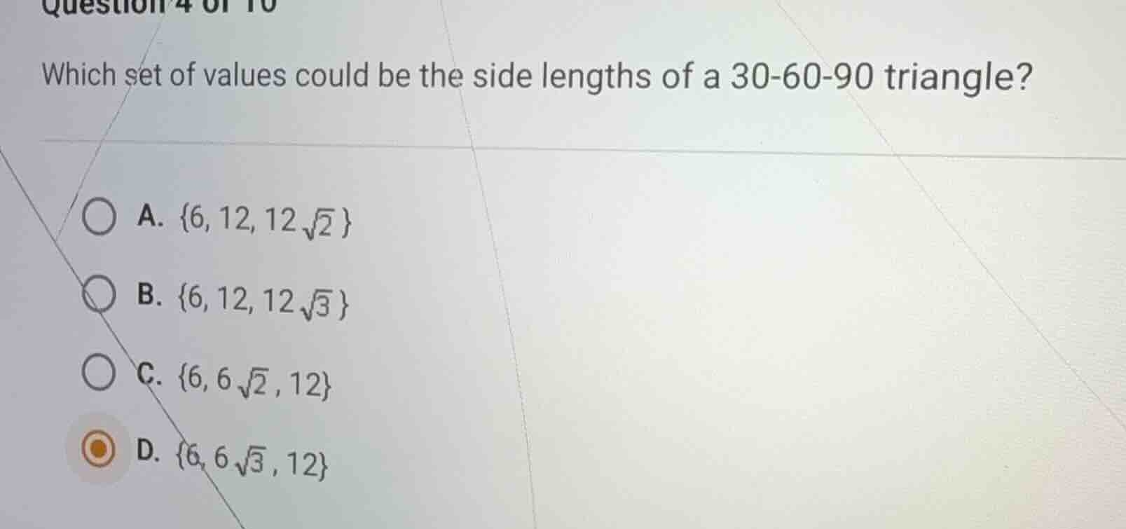 which set of values could be the side lengths of a 30-60-90 triangle? a…