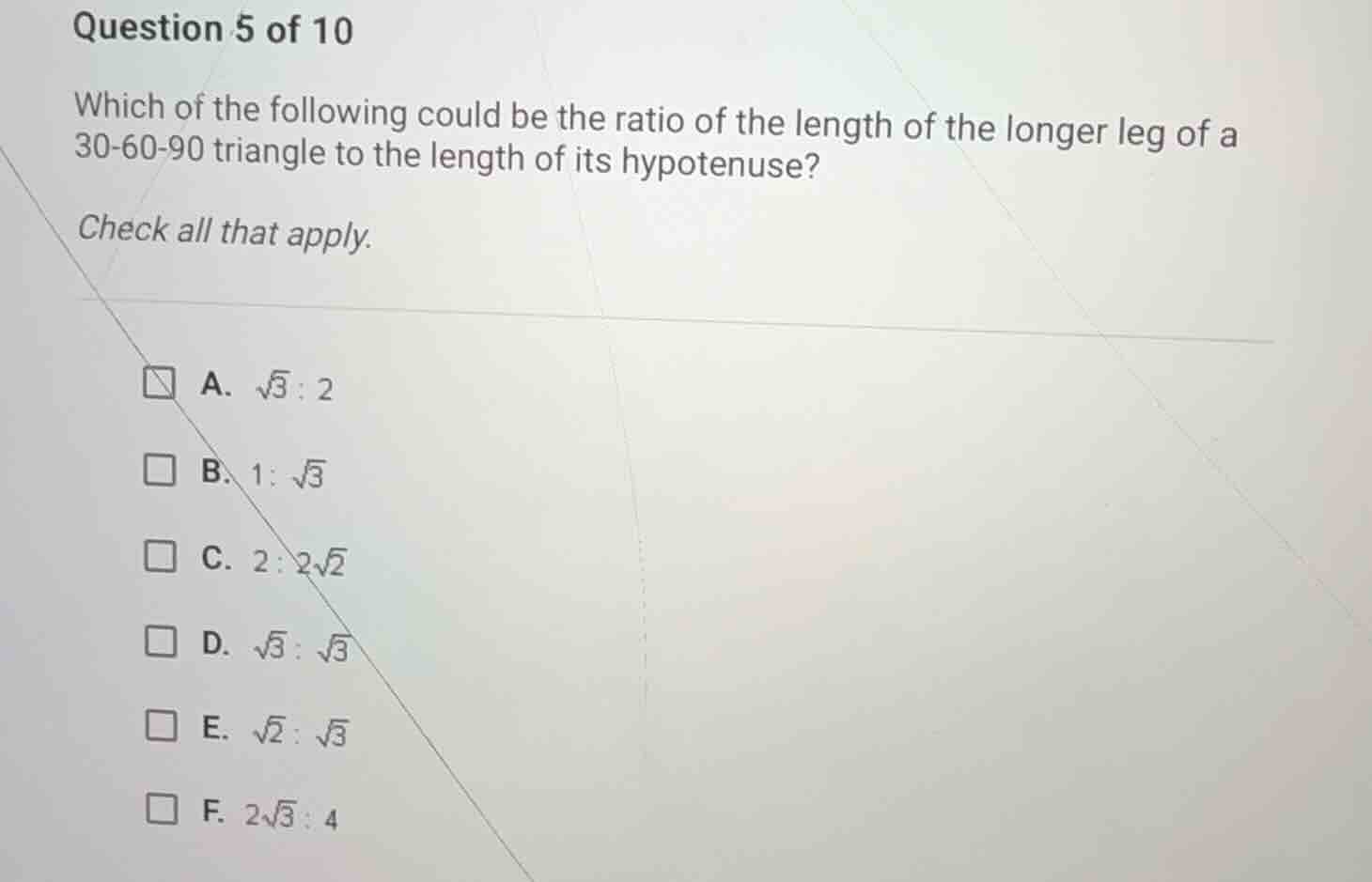 question 5 of 10 which of the following could be the ratio of the lengt…