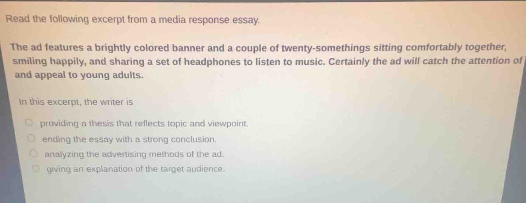 read the following excerpt from a media response essay. the ad features…