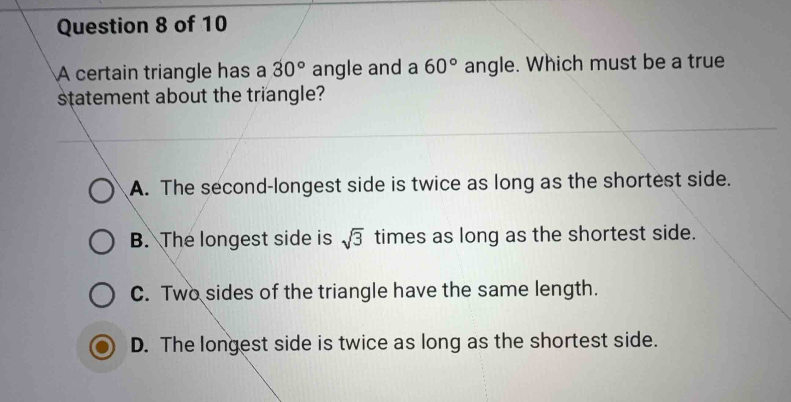 question 8 of 10 a certain triangle has a \\(30^\\circ\\) angle and a \…