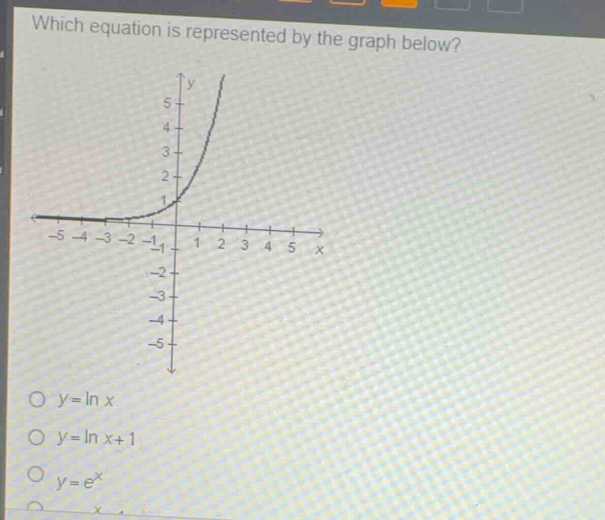 which equation is represented by the graph below? \\(y = \\ln x\\) \\(y…