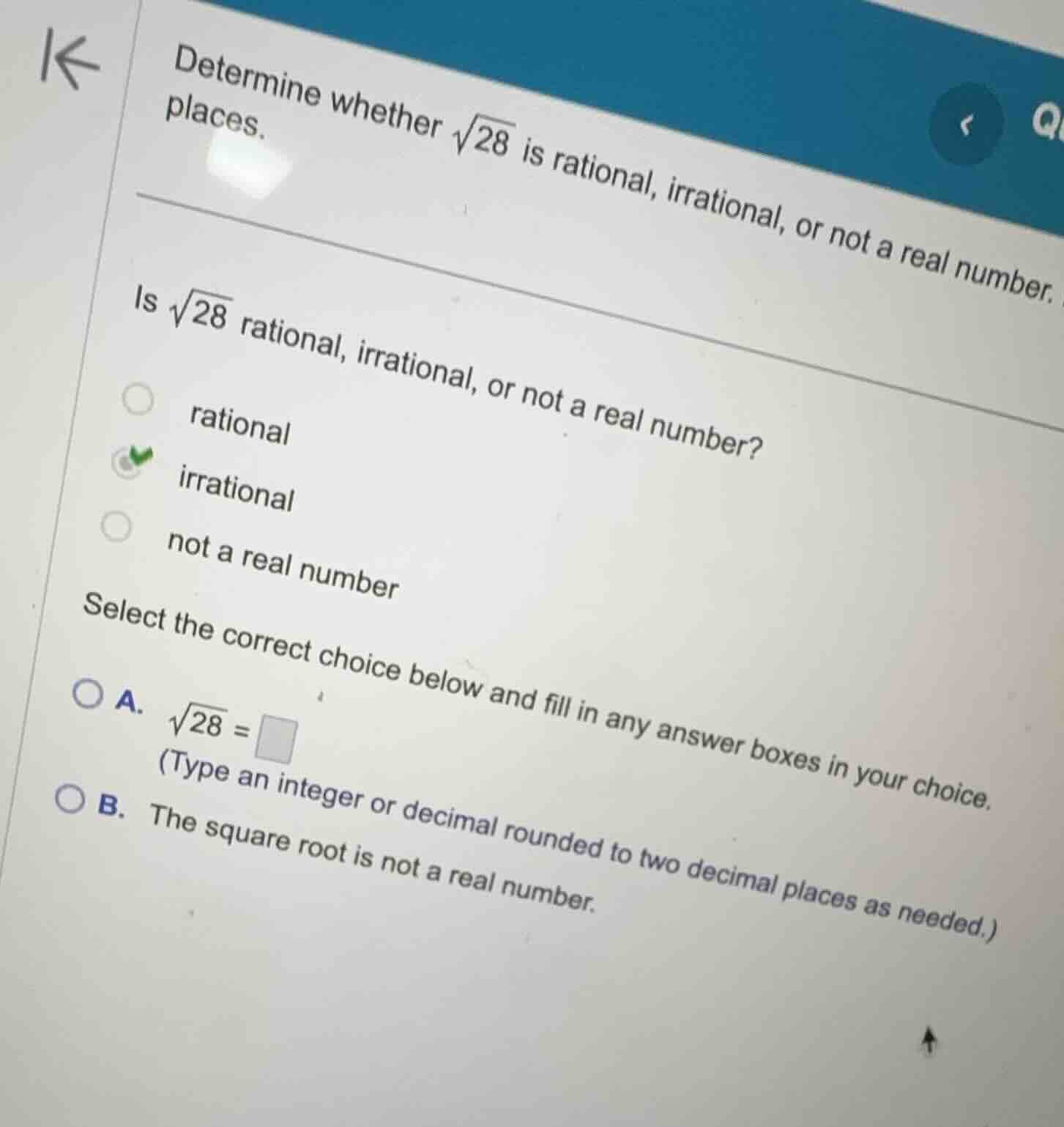determine whether \\(\\sqrt{28}\\) is rational, irrational, or not a re…