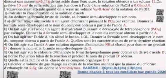 dissout une masse \\(m = 3.11\\text{g}\\) de cet acide dans leau pure, …