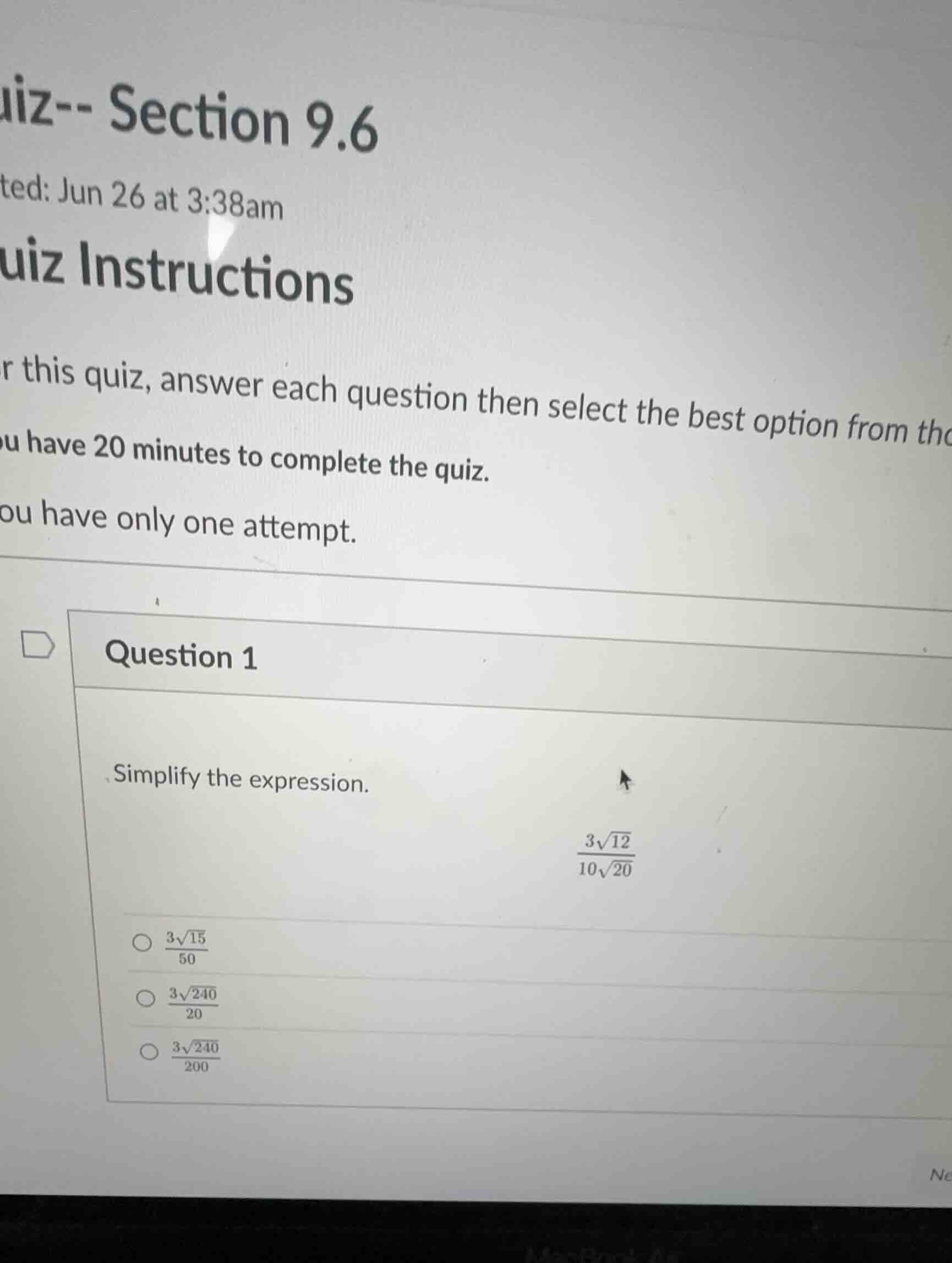 quiz-- section 9.6 question 1 simplify the expression. \\\\frac{3\\sqrt…