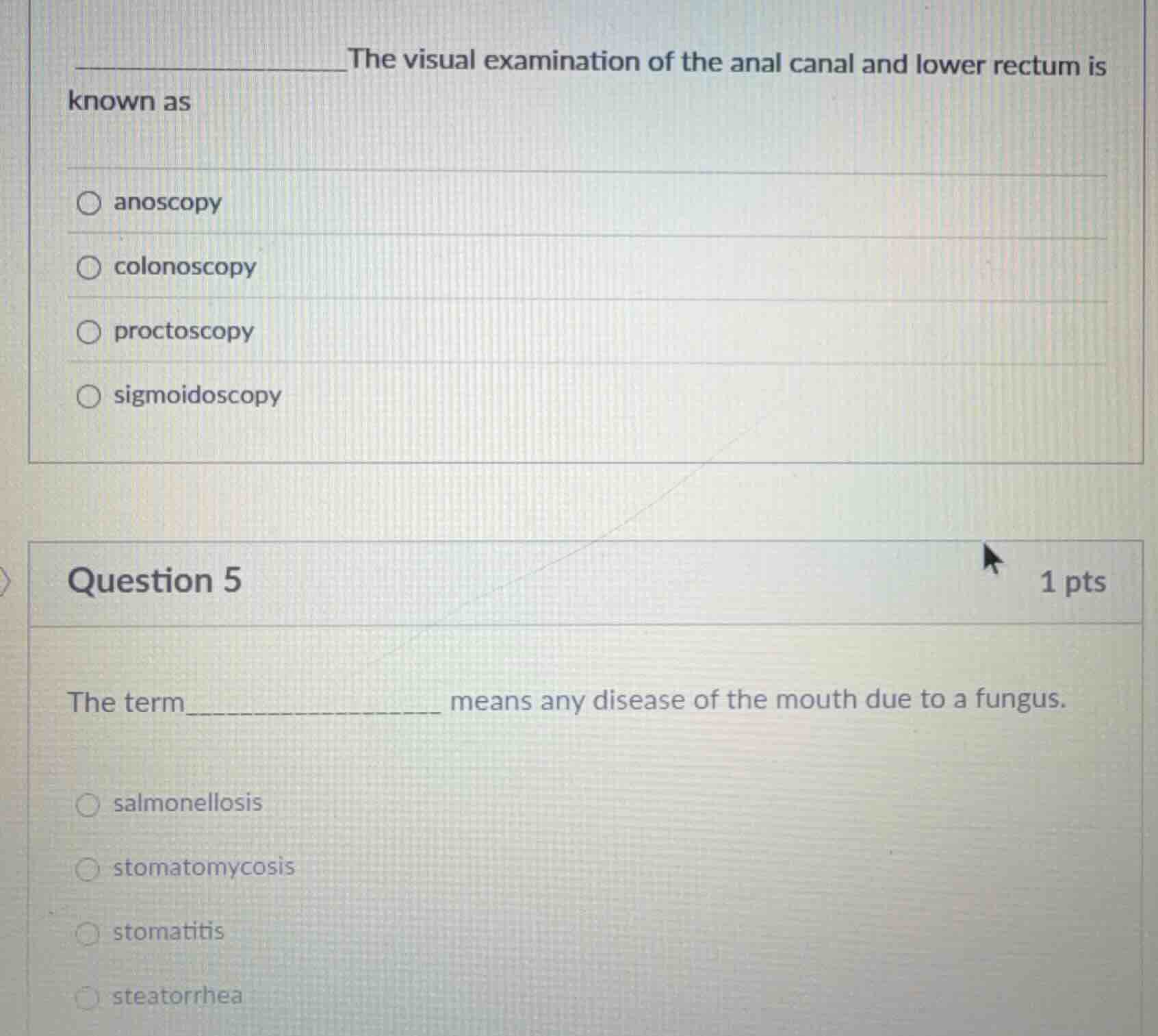 the visual examination of the anal canal and lower rectum is known as a…