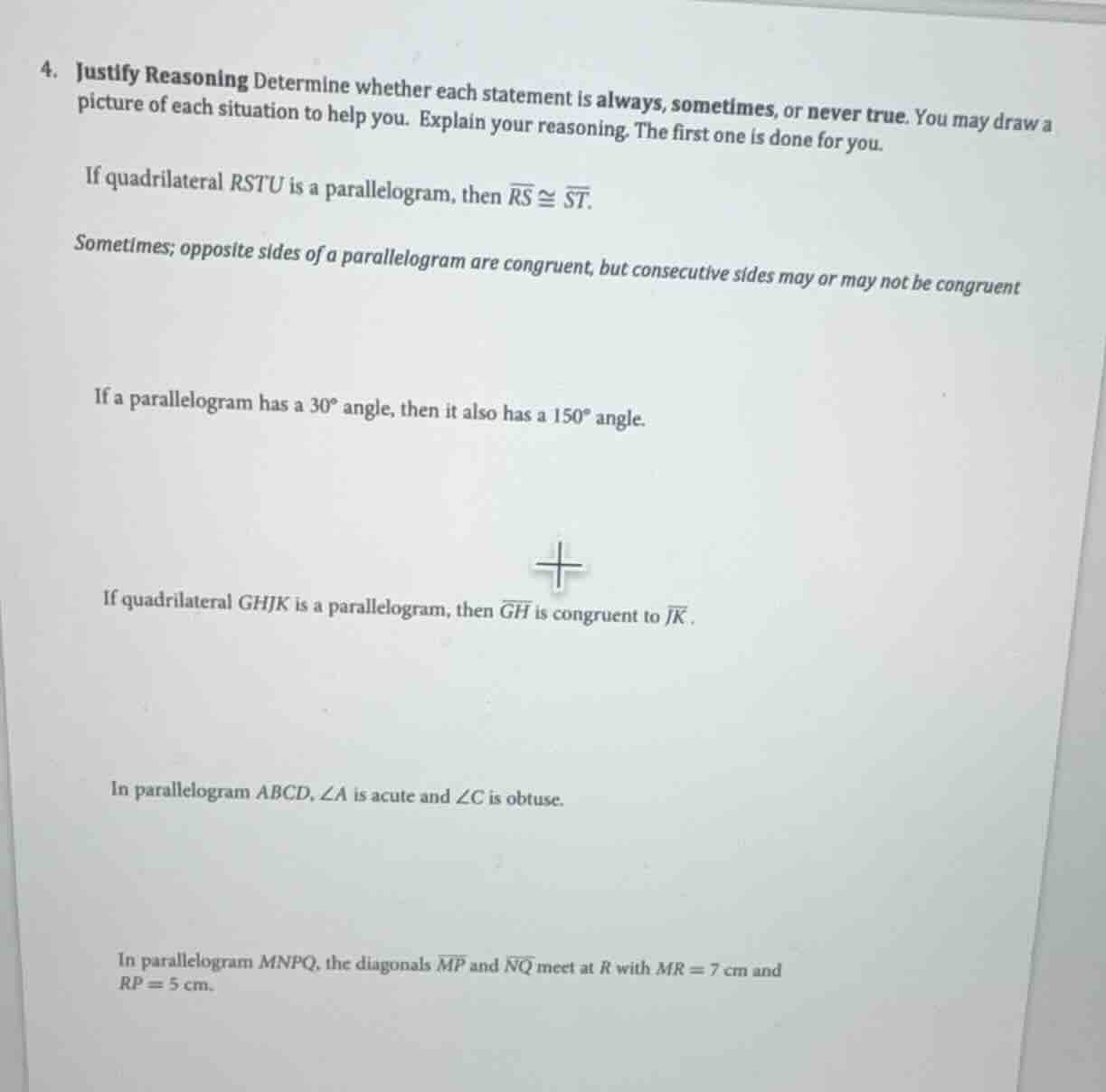 4. justify reasoning determine whether each statement is always, someti…