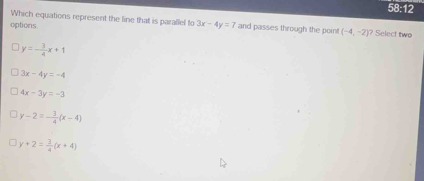 which equations represent the line that is parallel to \\(3x - 4y = 7\\…