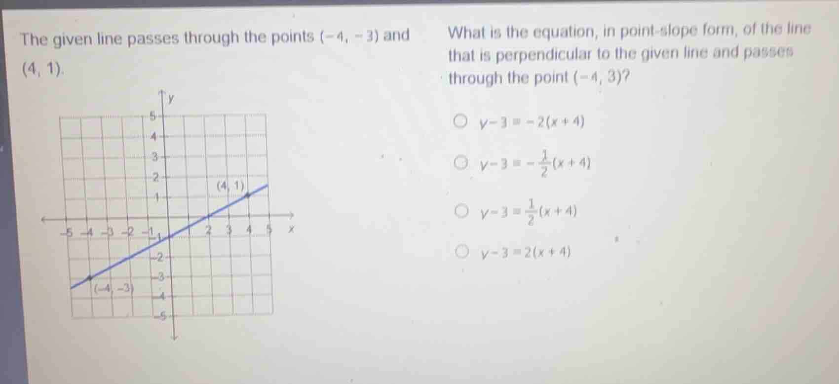 the given line passes through the points \\((-4, -3)\\) and \\((4, 1)\\…