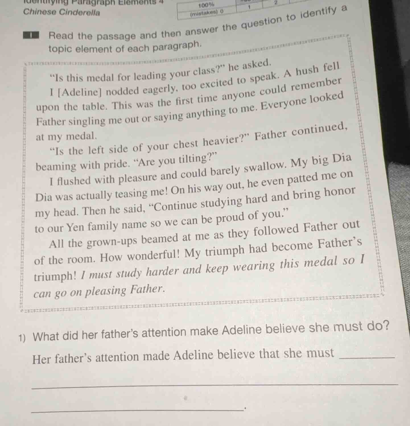 read the passage and then answer the question to identify a topic eleme…