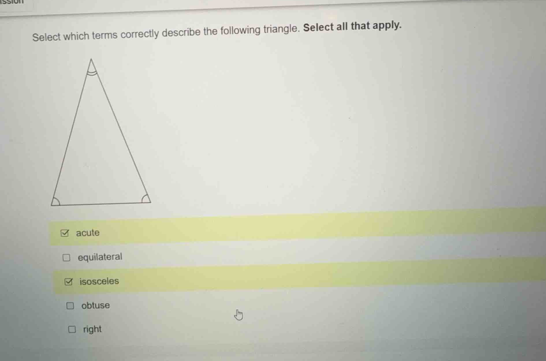select which terms correctly describe the following triangle. select al…
