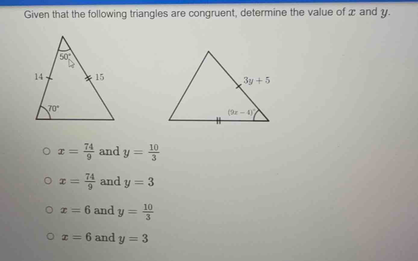 given that the following triangles are congruent, determine the value o…