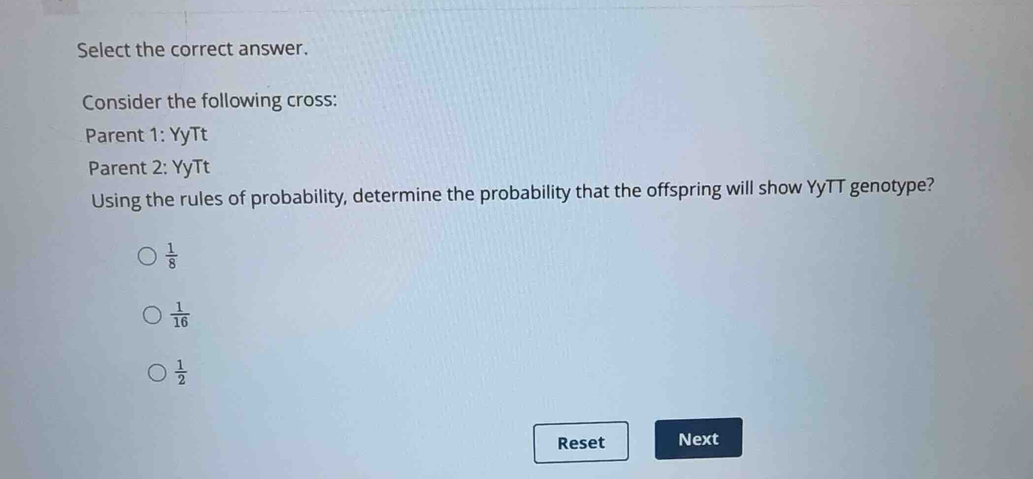 select the correct answer. consider the following cross: parent 1: yytt…