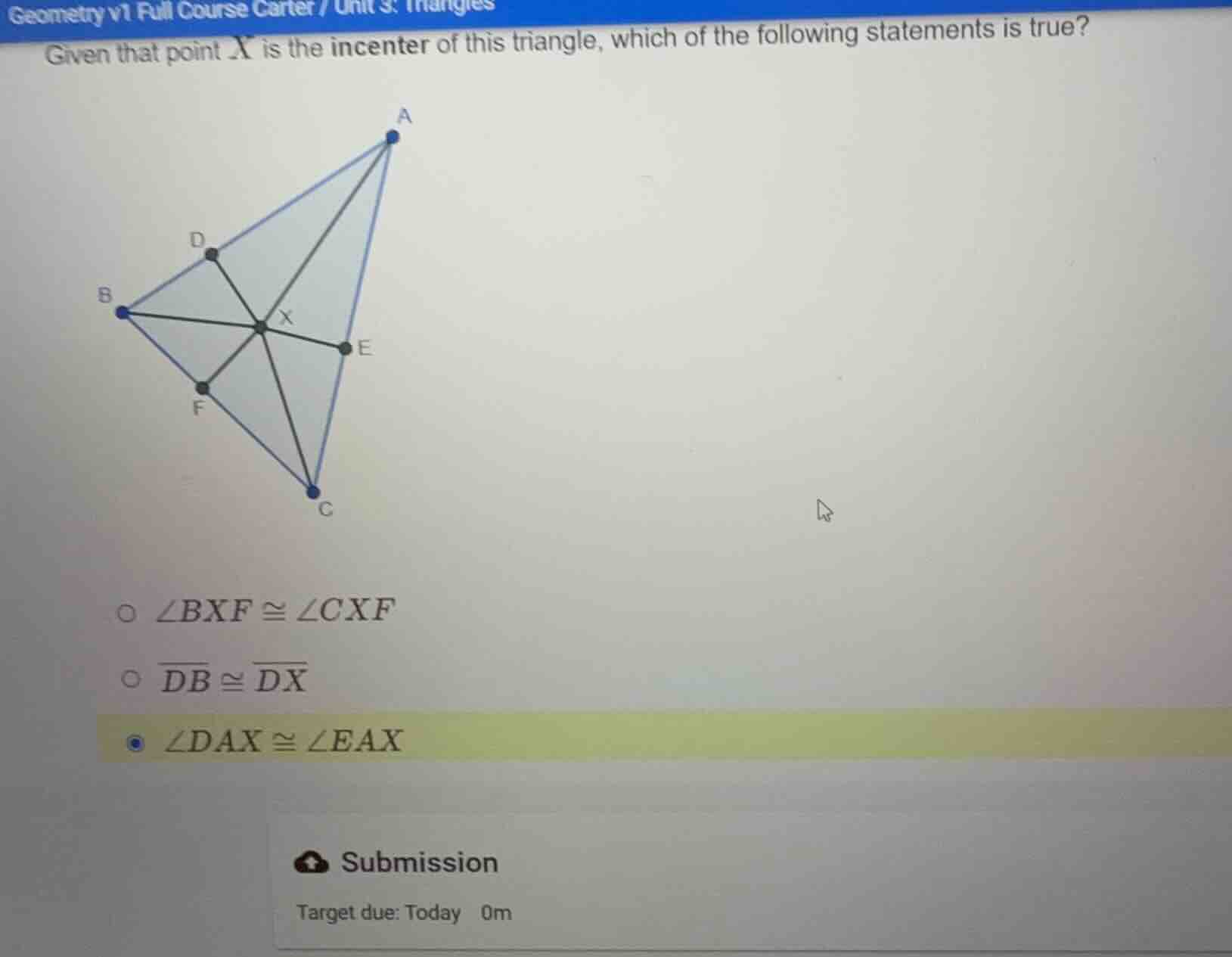 given that point \\(x\\) is the incenter of this triangle, which of the…