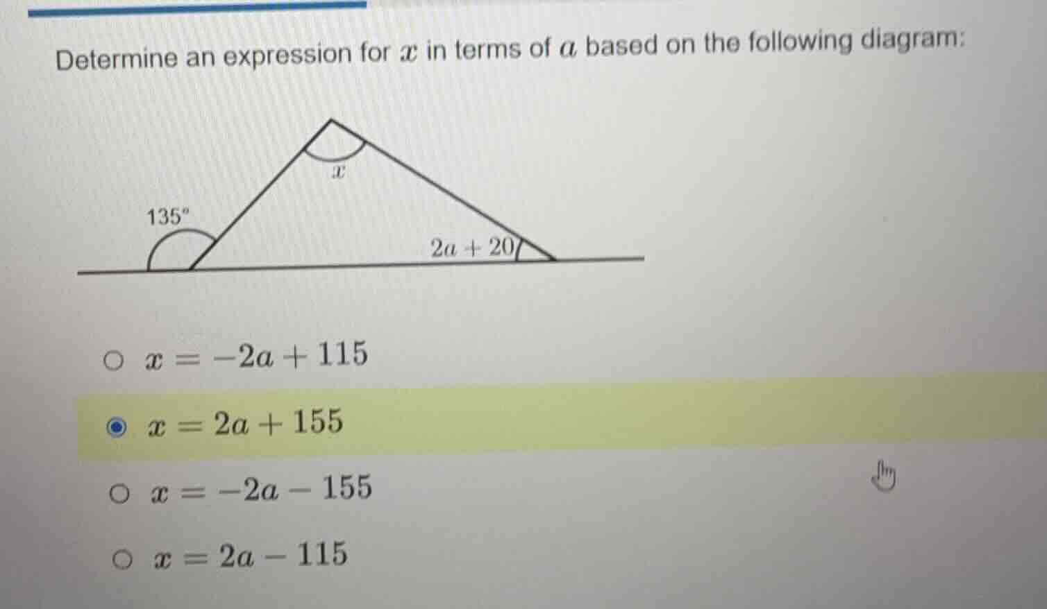 determine an expression for \\(x\\) in terms of \\(a\\) based on the fo…