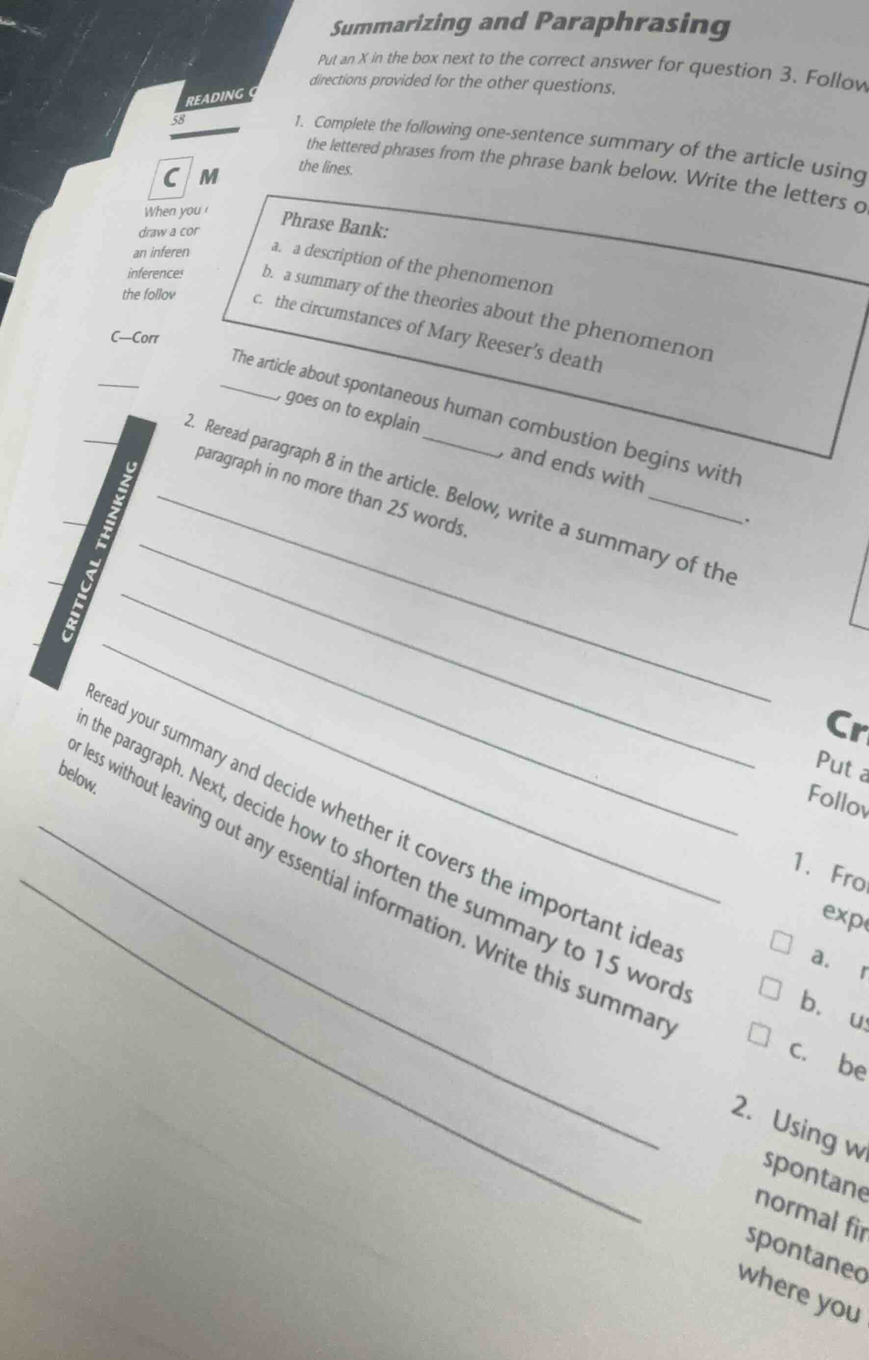 summarizing and paraphrasing put an x in the box next to the correct an…