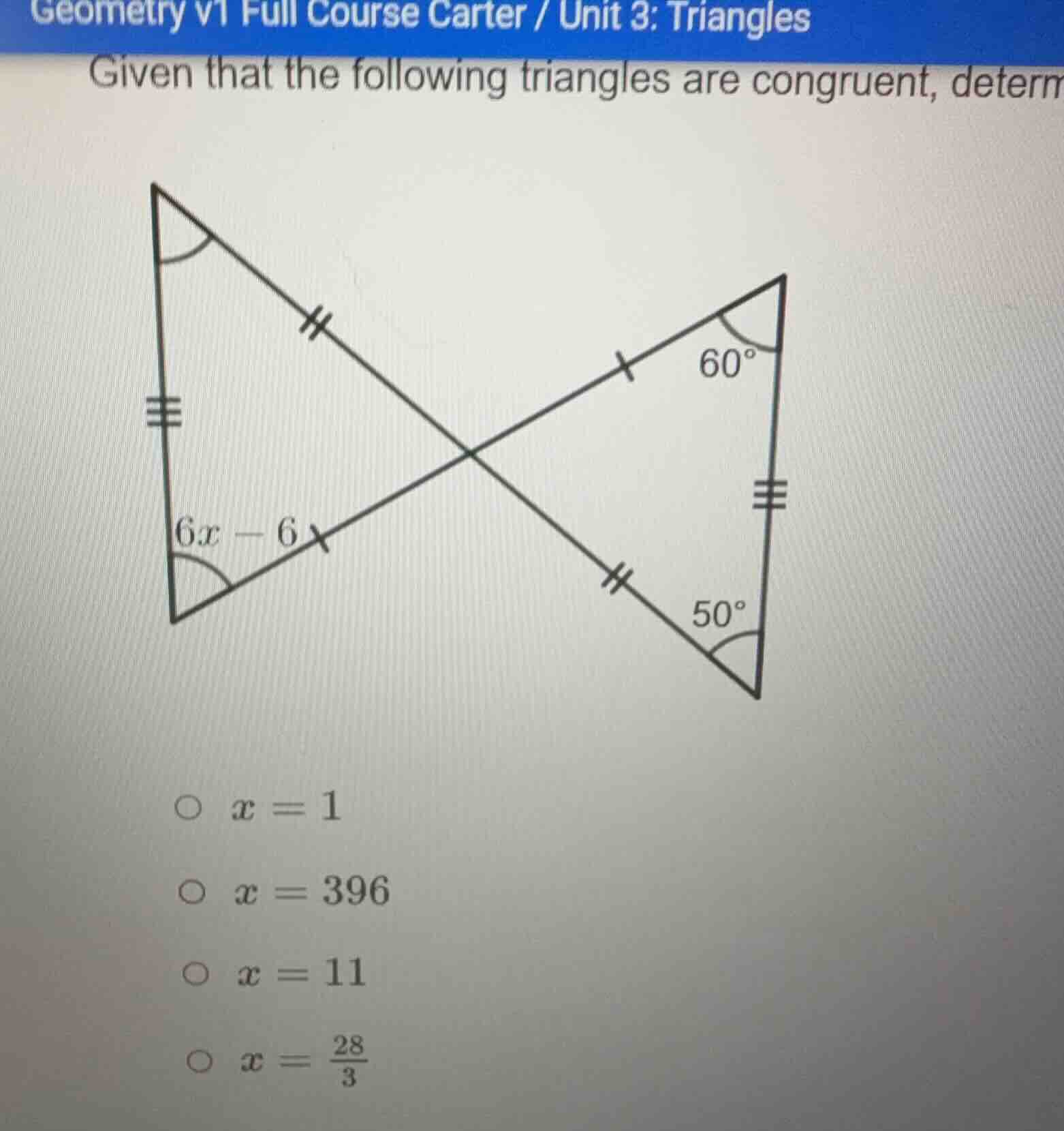 given that the following triangles are congruent, determine the value o…