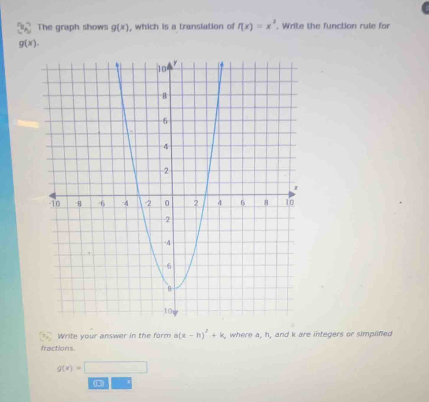 the graph shows \\(g(x)\\), which is a translation of \\(f(x) = x^2\\).…