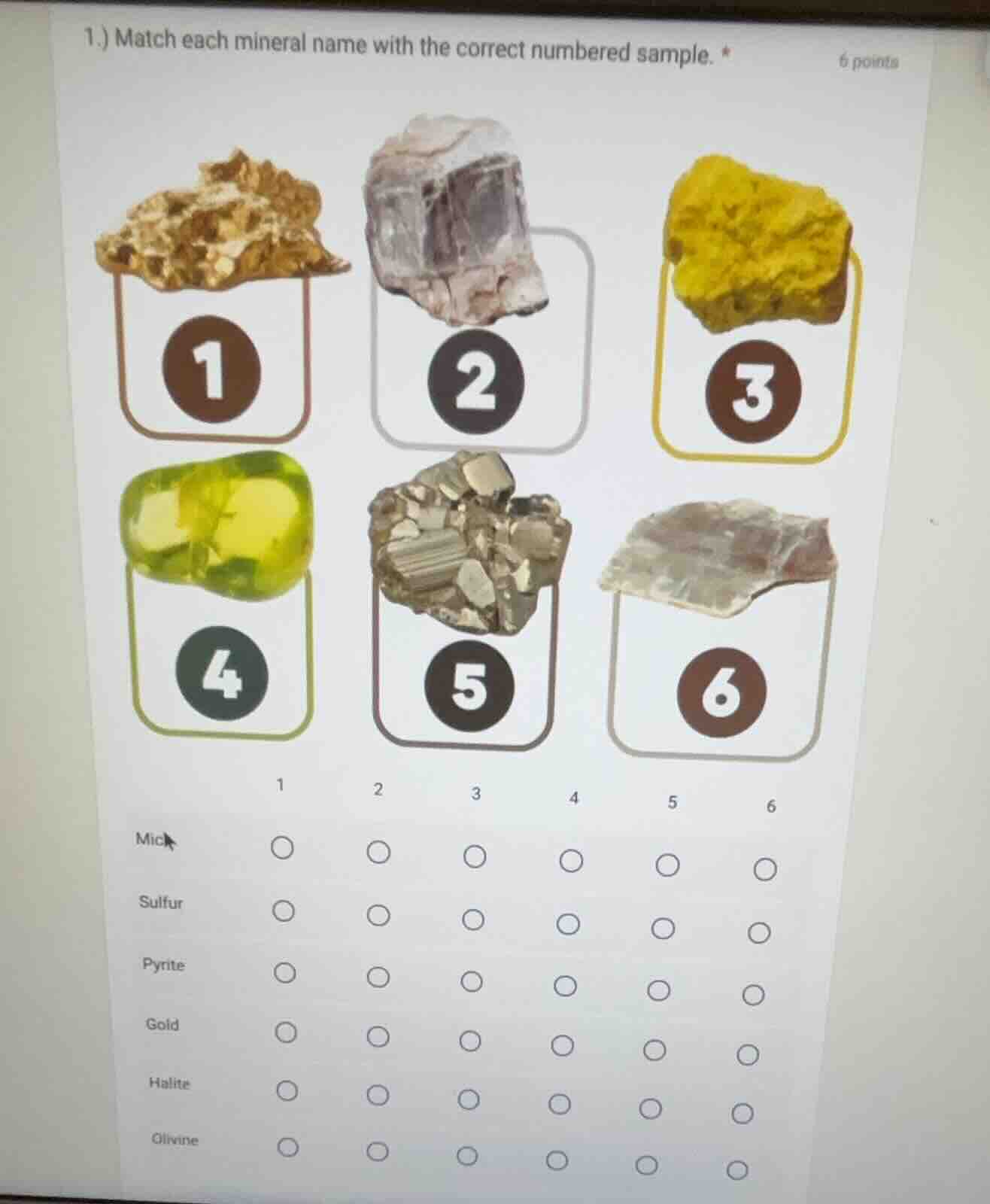 1.) match each mineral name with the correct numbered sample. 1 2 3 4 5…