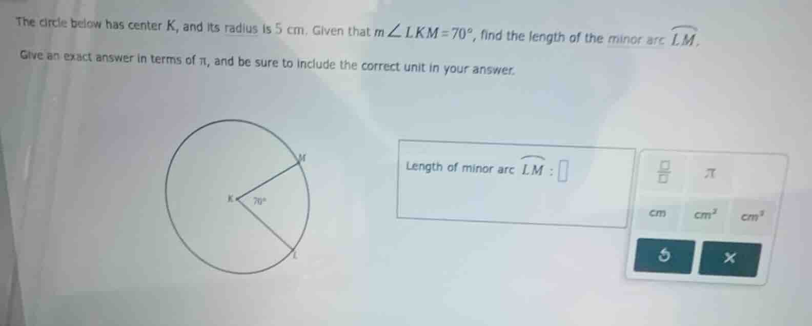 the circle below has center \\(k\\), and its radius is \\(5\\text{ cm}\…