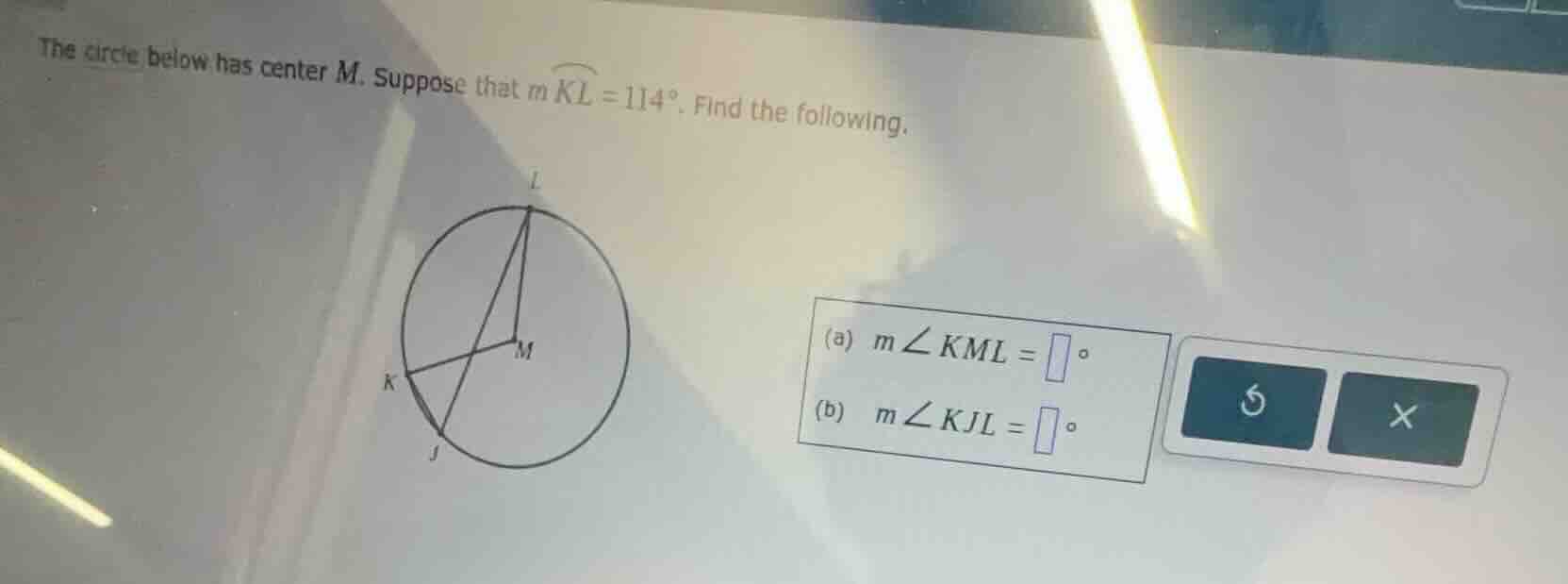 the circle below has center \\(m\\). suppose that \\(m \\widehat{kl} = …