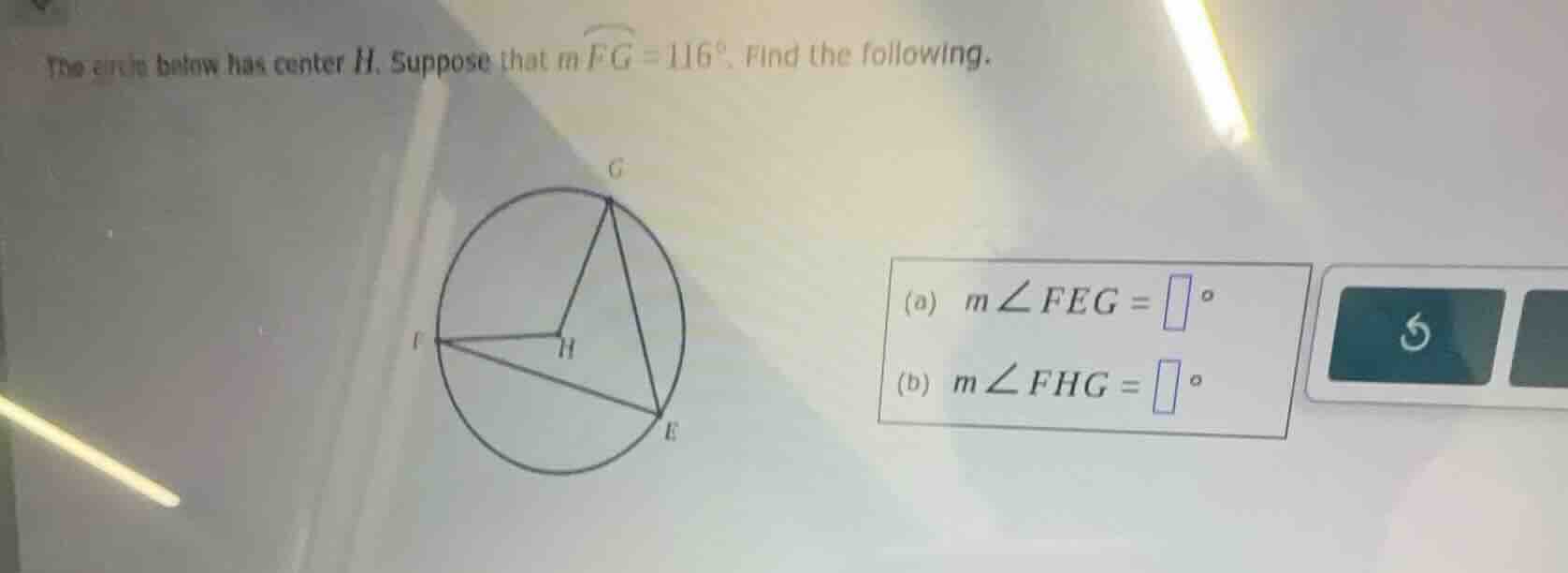 the circle below has center \\(h\\). suppose that \\(m \\widehat{fg} = …