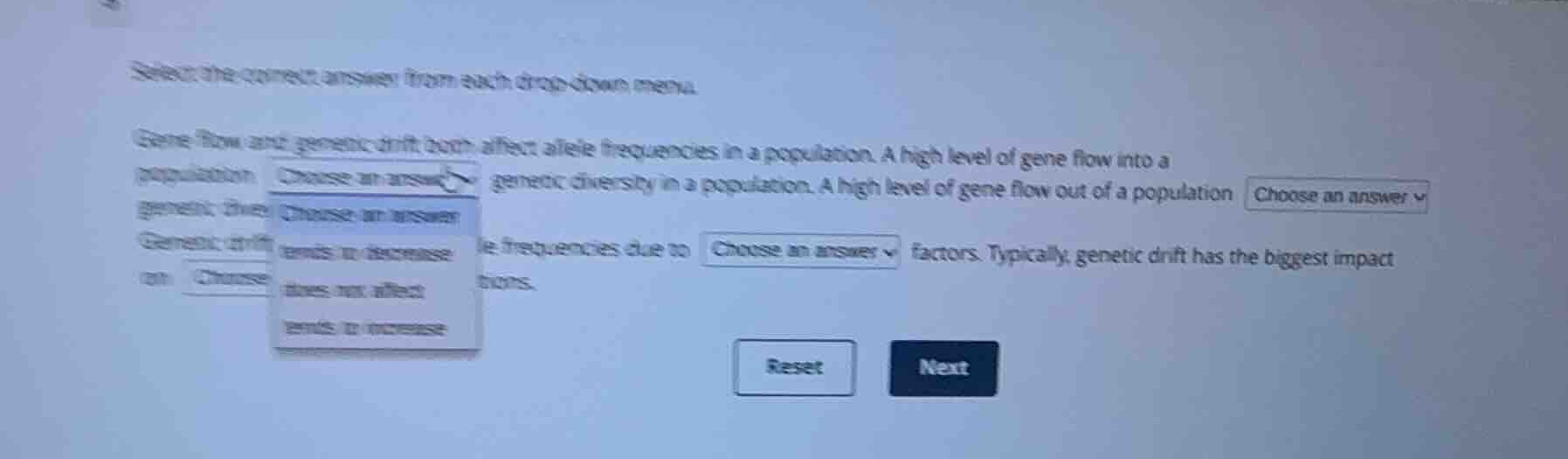 select the correct answer from each drop-down menu. gene flow and genet…