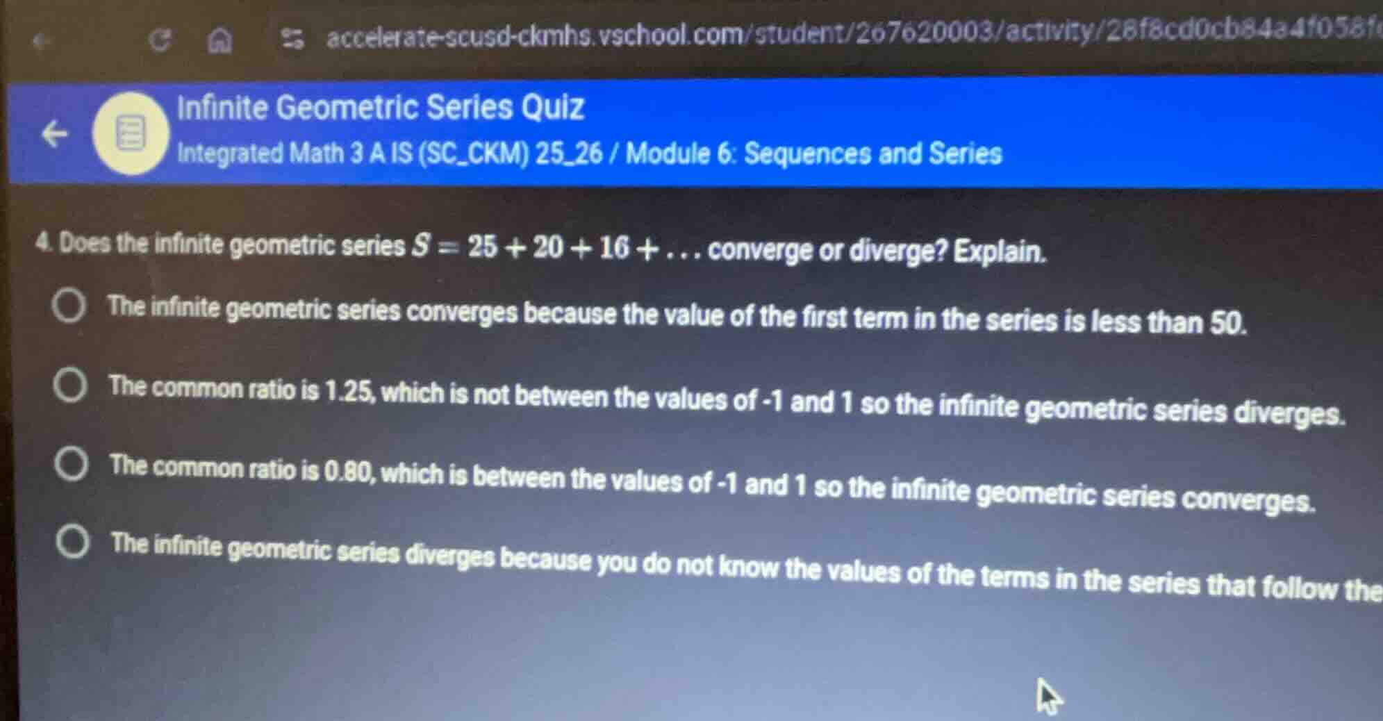 4. does the infinite geometric series \\(s = 25 + 20 + 16 + \\dots\\) c…