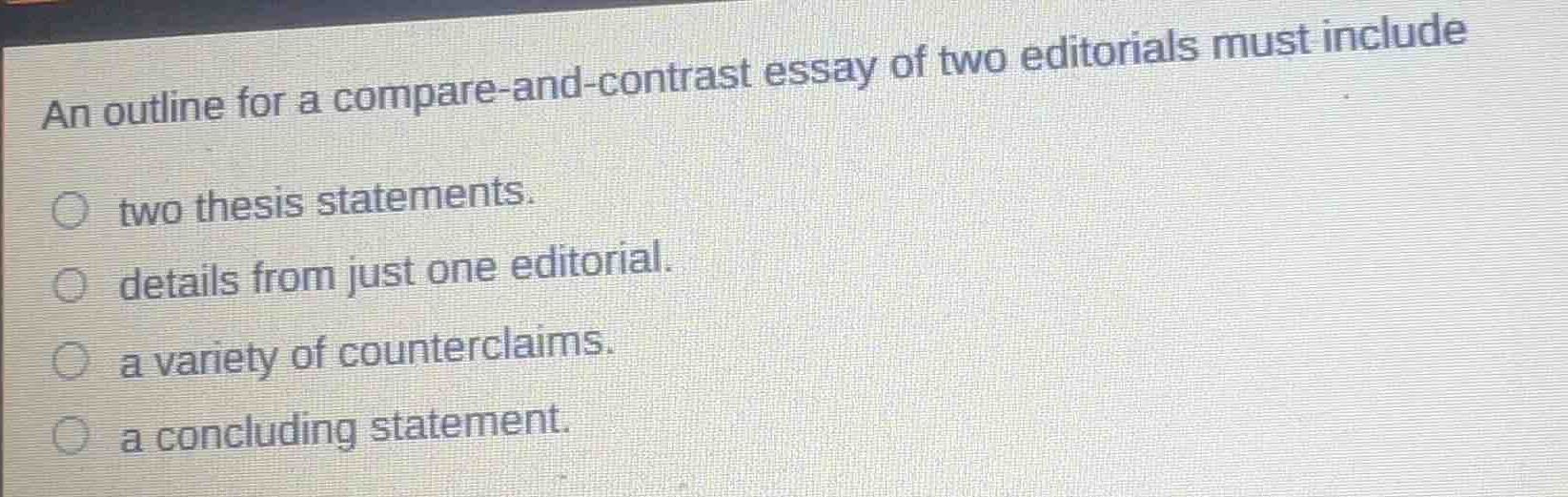 an outline for a compare-and-contrast essay of two editorials must incl…
