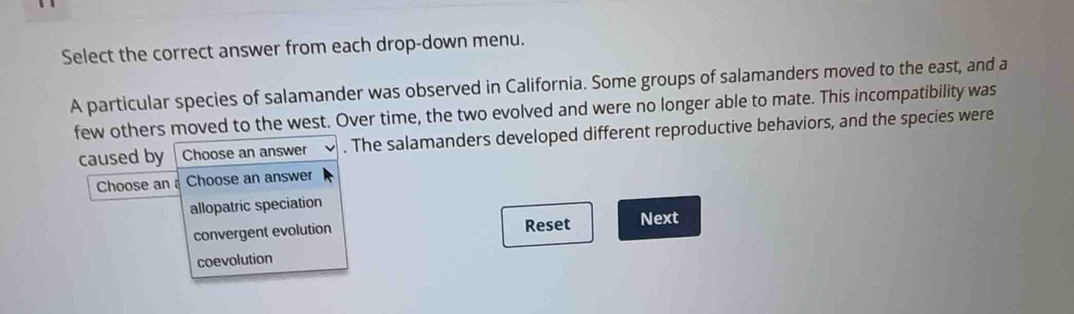 select the correct answer from each drop-down menu. a particular specie…
