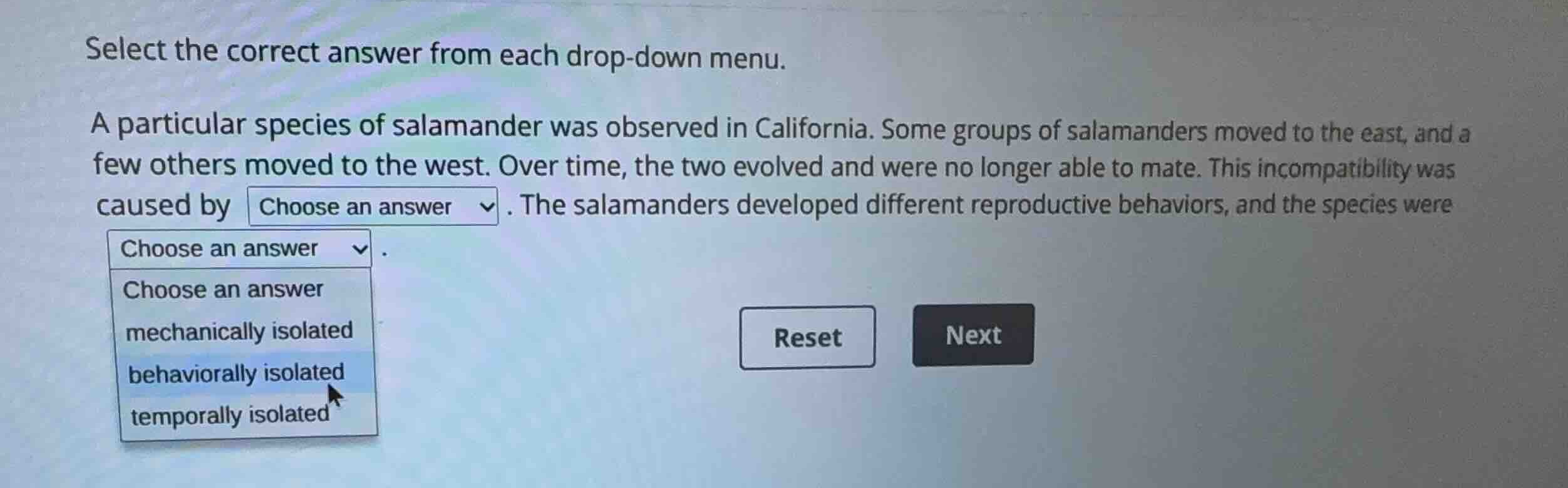 select the correct answer from each drop-down menu. a particular specie…