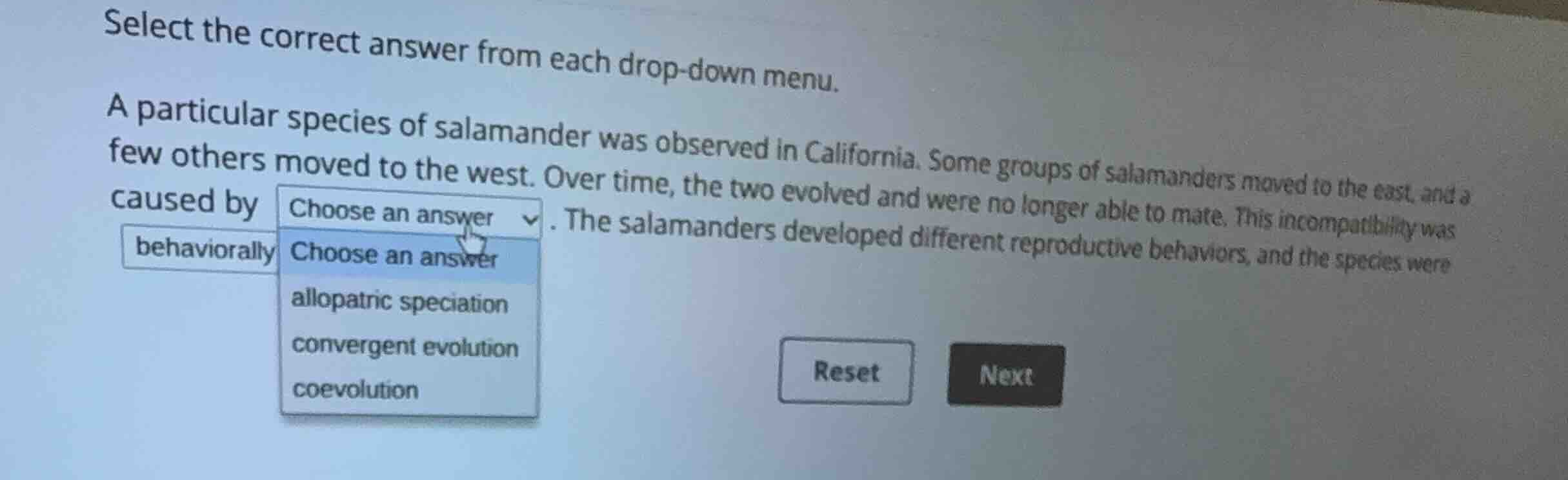 select the correct answer from each drop-down menu. a particular specie…