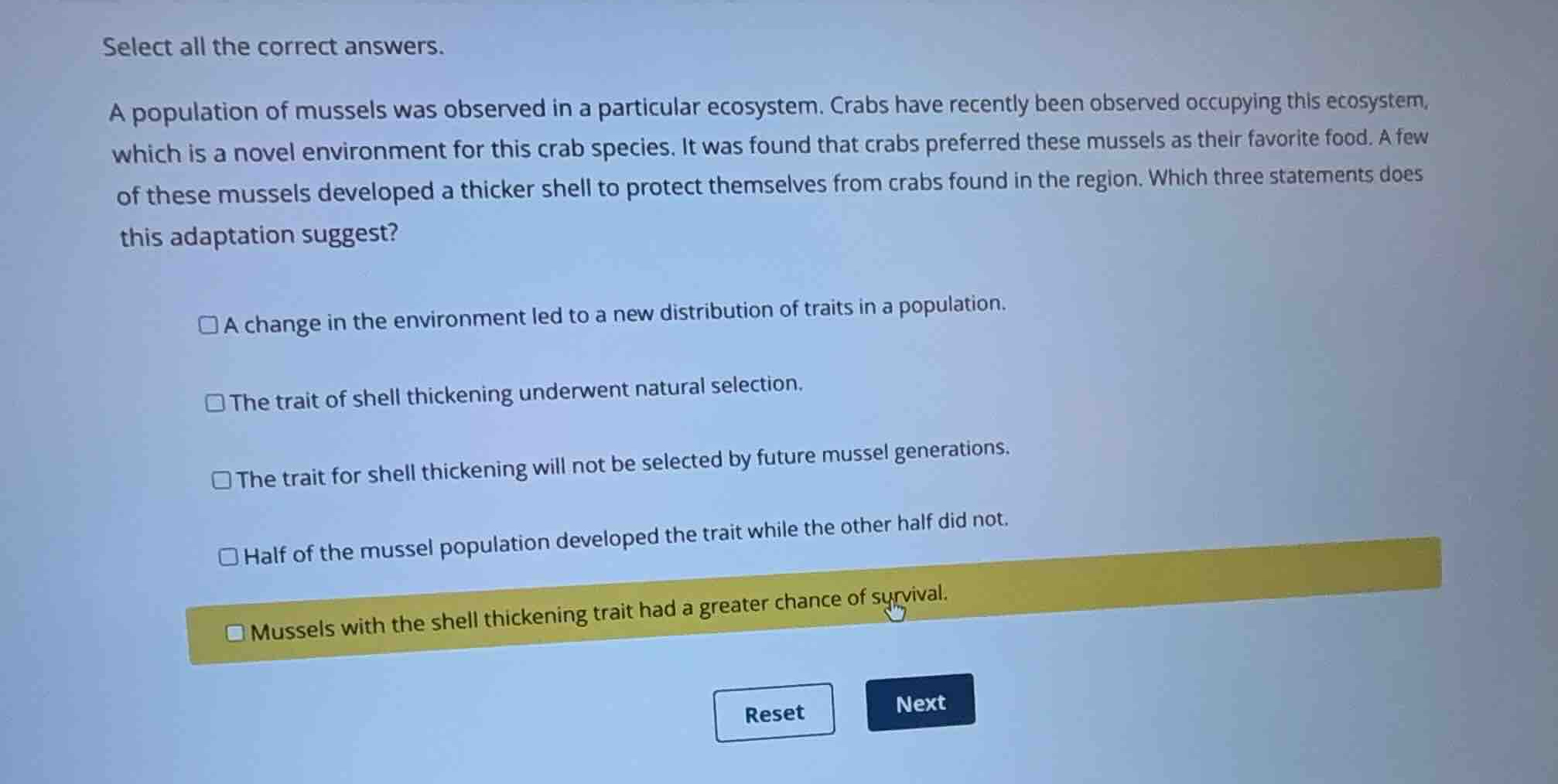 select all the correct answers. a population of mussels was observed in…