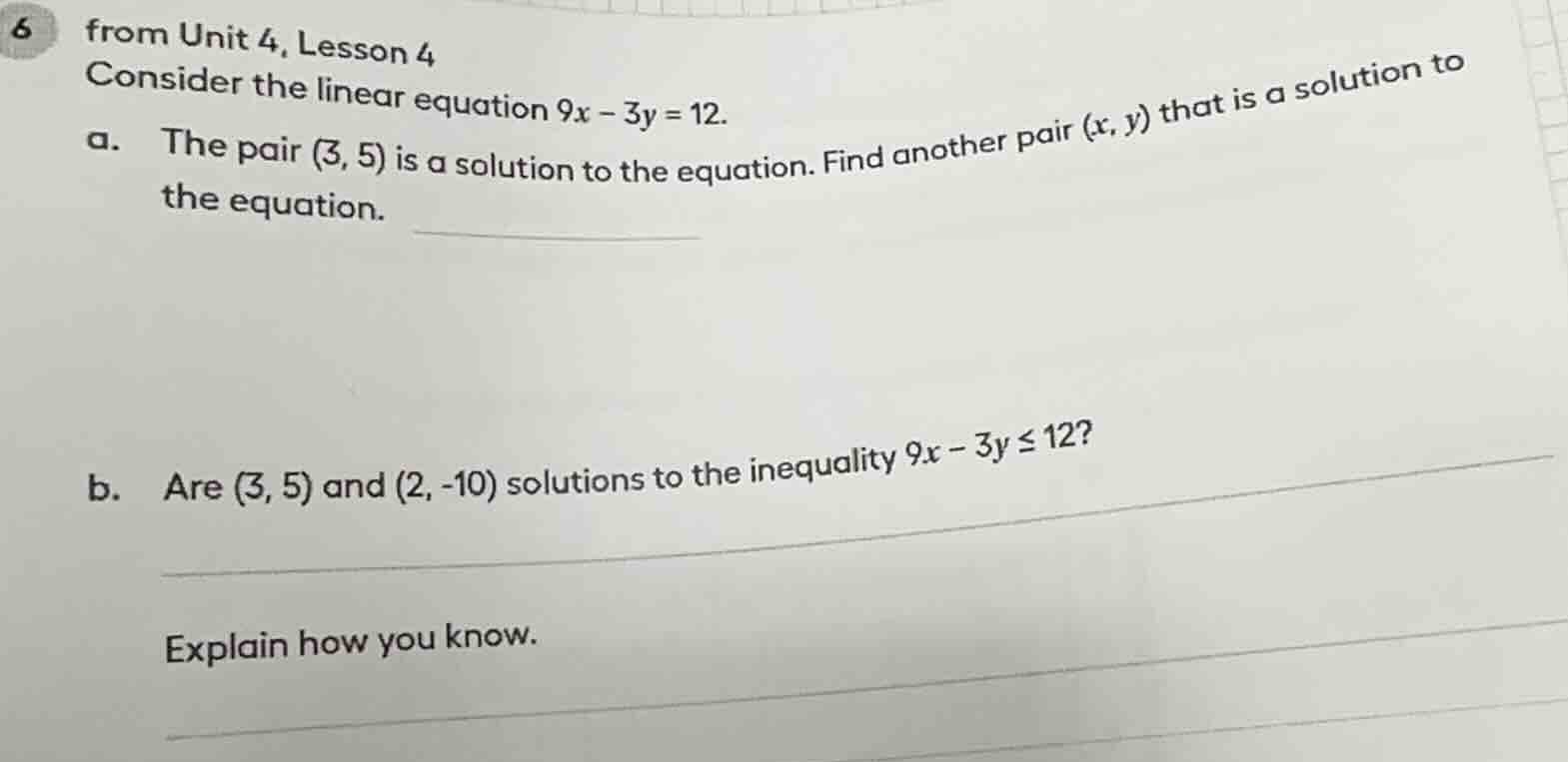 from unit 4, lesson 4 consider the linear equation \\(9x - 3y = 12\\). …