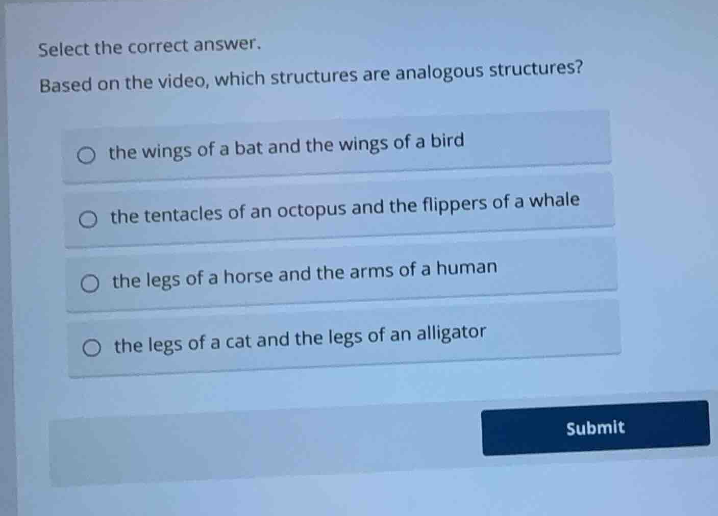 select the correct answer. based on the video, which structures are ana…