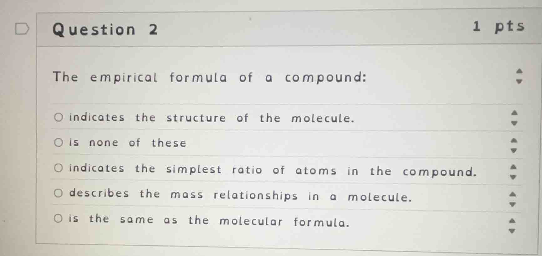 question 2 the empirical formula of a compound: - indicates the structu…