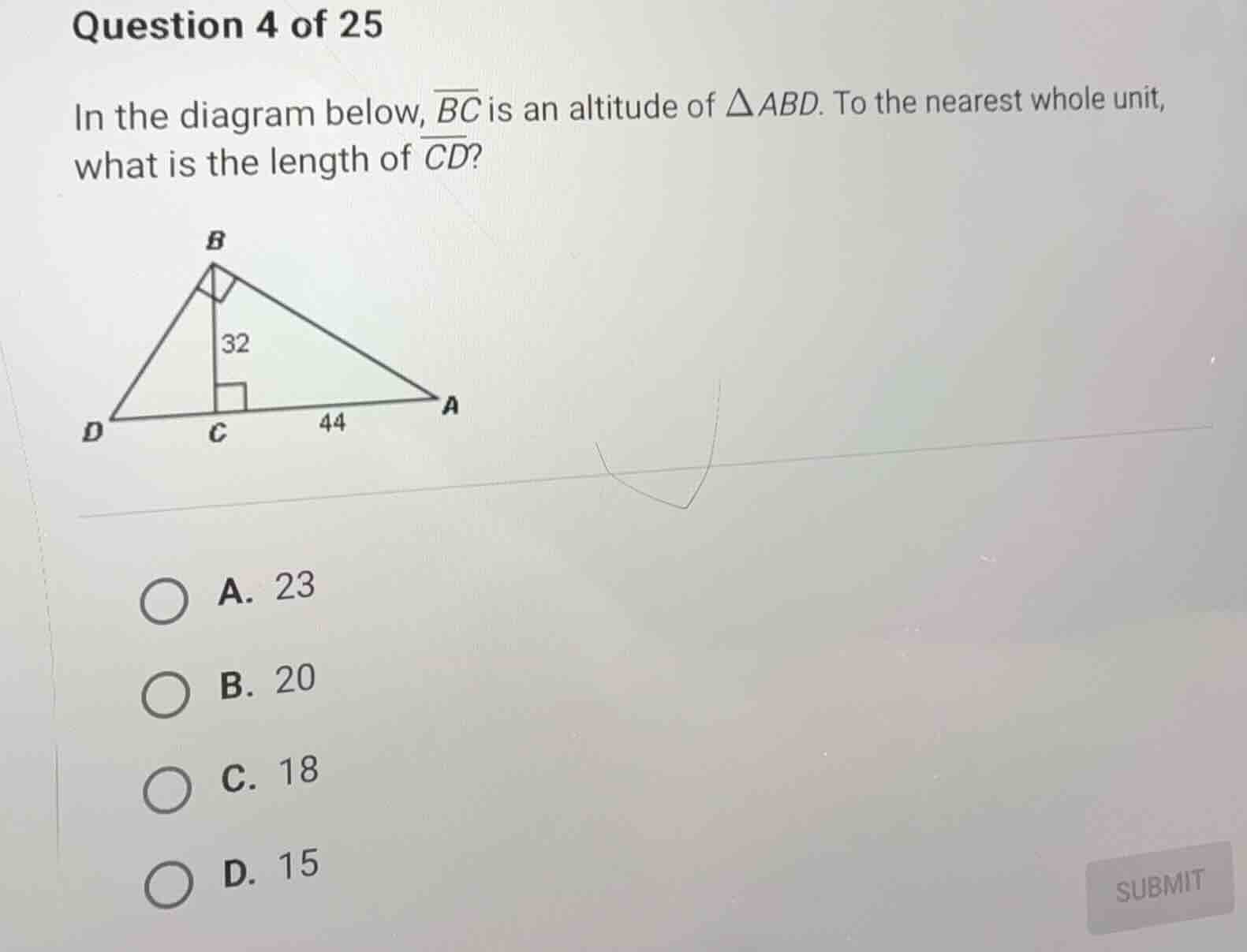 question 4 of 25 in the diagram below, \\(\\overline{bc}\\) is an altit…