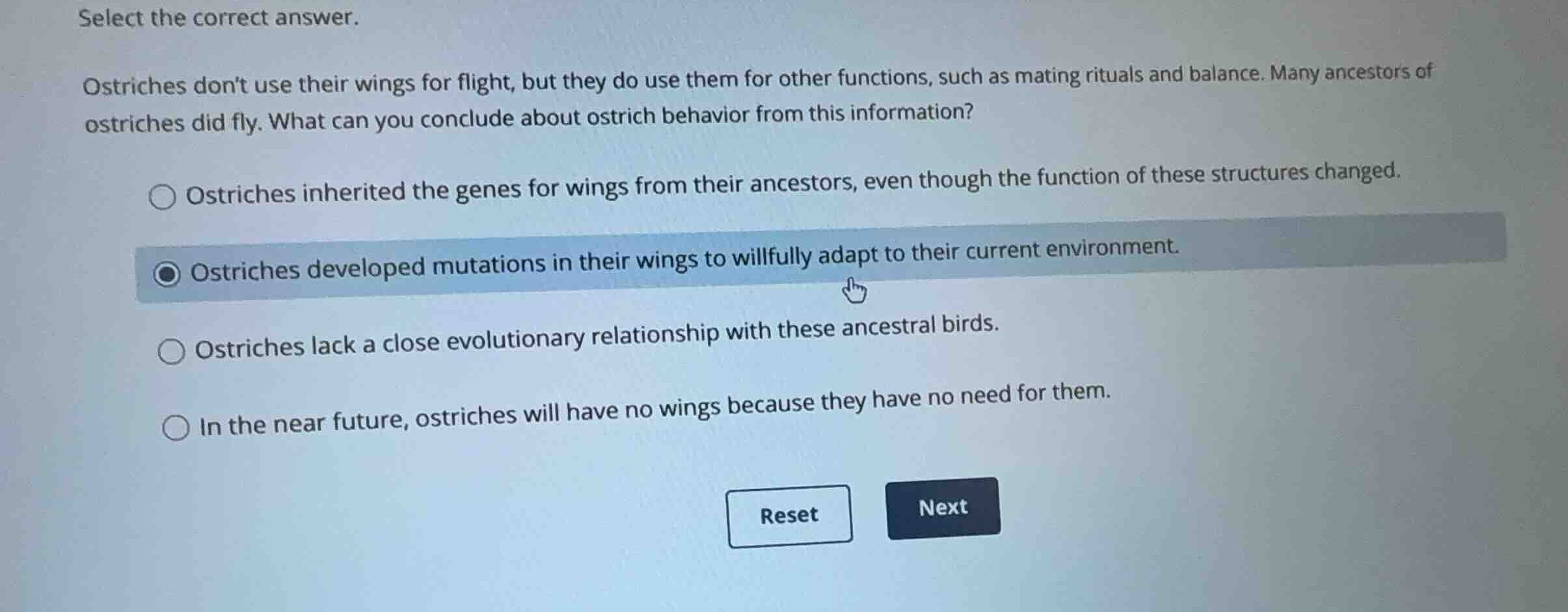 select the correct answer. ostriches dont use their wings for flight, b…